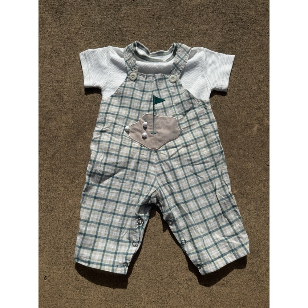 VTG Plaid Blooz Golf 3/6M Outfit Two Piece Shirt Overalls Romper Thin Cotton USA